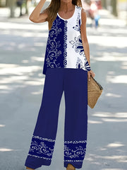 Floral Print Block Top & Solid Wide Leg Pants Set