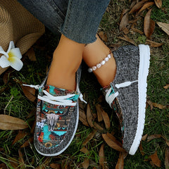 Cow Head Canvas Shoes Low Top Lace Up Walking Shoes