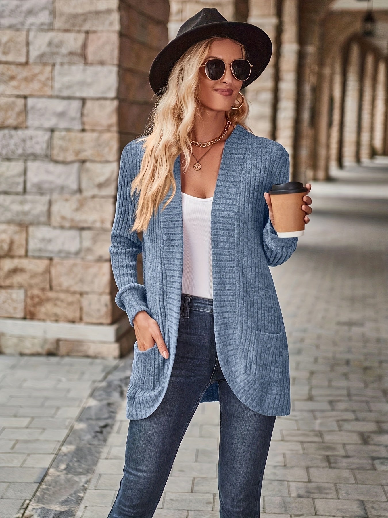  Solid Ribbed Long Sleeve Open Front Cardigan With Pockets