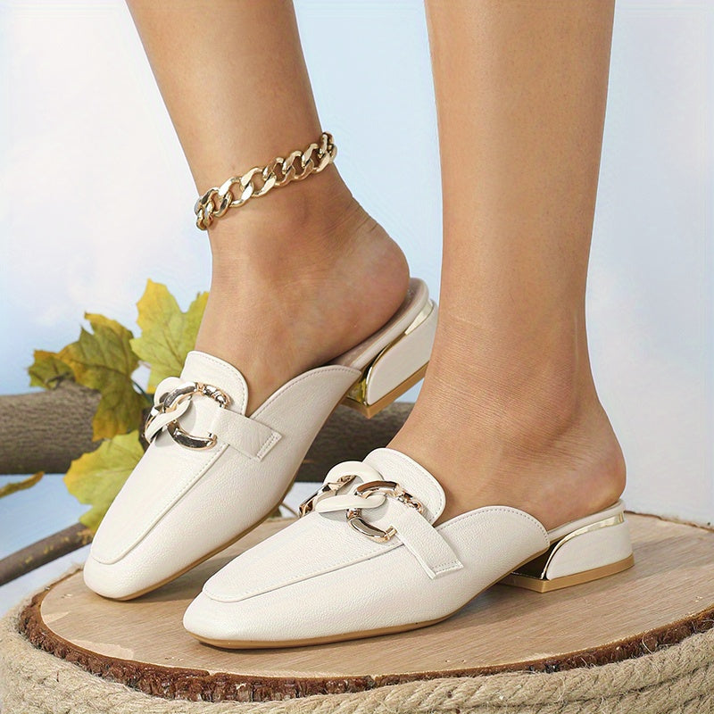 Chunky Low Heel Loafers Chain Square Toe Slip On Shoes