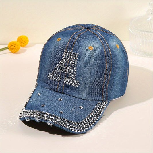 Rhinestone A Decor Baseball Cap Denim Washed Vintage Sun Hats Sunscreen Golf Dad