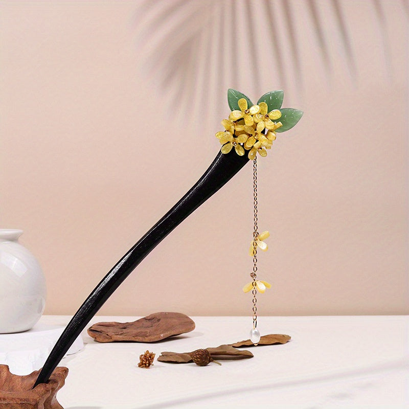 Chinese Style Flower Wooden Hair Stick with Faux Pearl Pendant