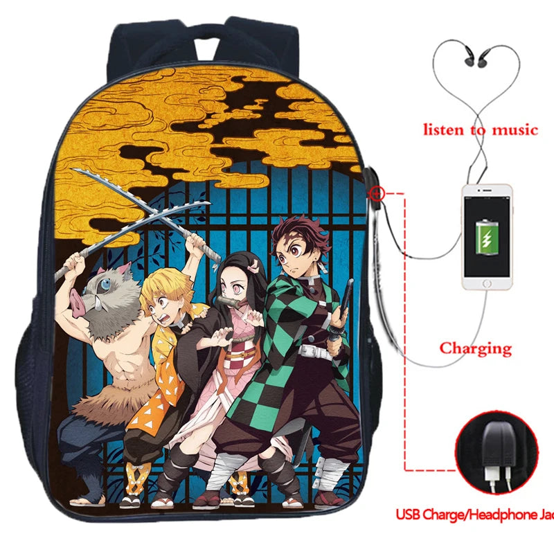 16 Inch Demon Slayer USB Backpack Kimetsu No Yaiba School Bag