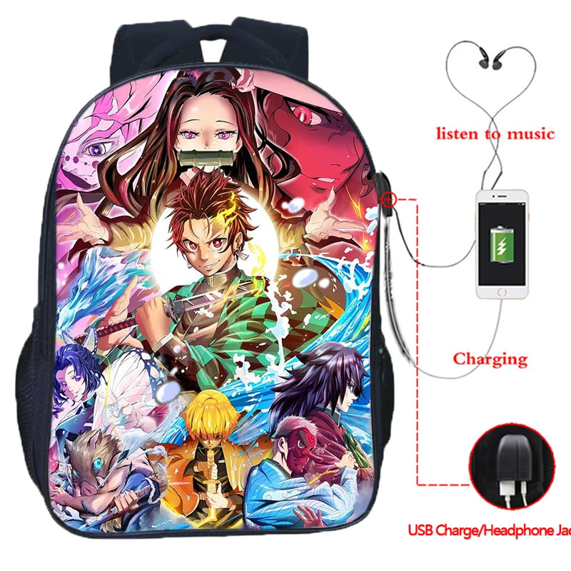 16 Inch Demon Slayer USB Backpack Kimetsu No Yaiba School Bag