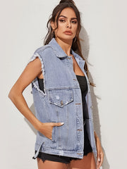 Women's Ripped Holes Sleeveless Denim Jacket Distressed Vest