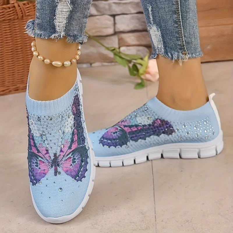 Women's Butterfly Print Slip On Sneakers Breathable Low Top Running Shoes