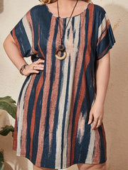  Colorblock Stripe Print Bat Sleeve Dress