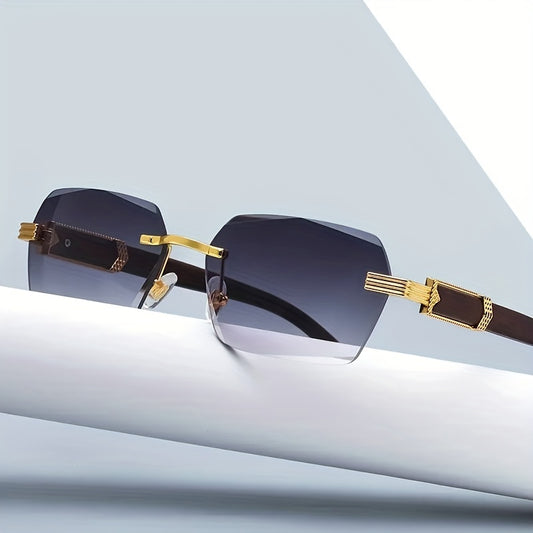 Men's Rimless Square Wood Grain Sunglasses UV400