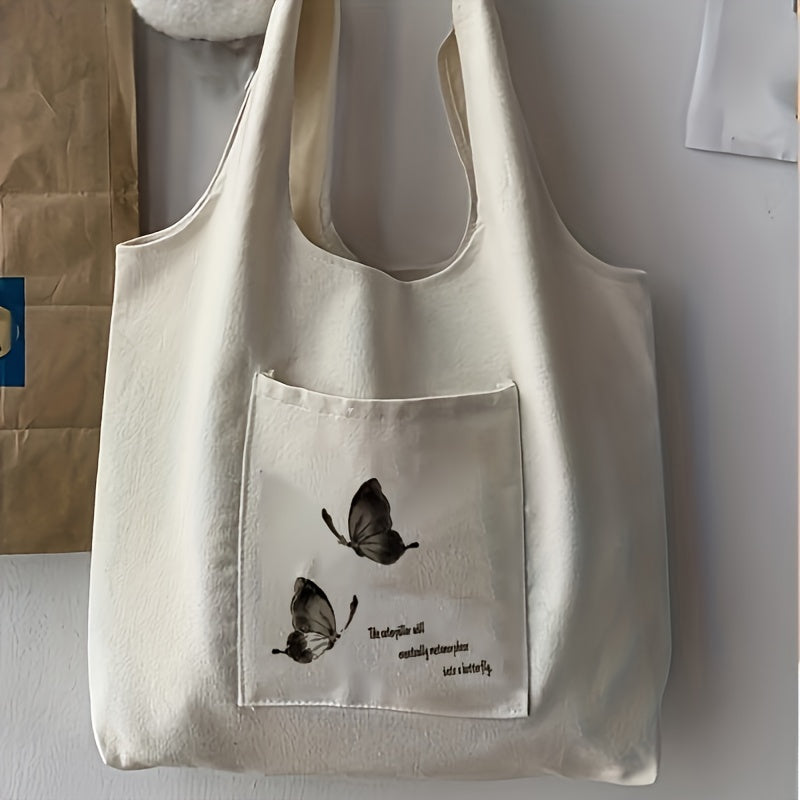 Butterfly Print Canvas Tote Bag Large Shoulder Bag for Shopping & School