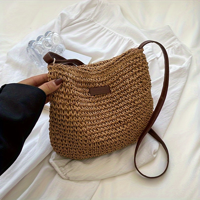 Women's Rattan Crossbody Bag Saddle Straw Woven Shoulder Handbag