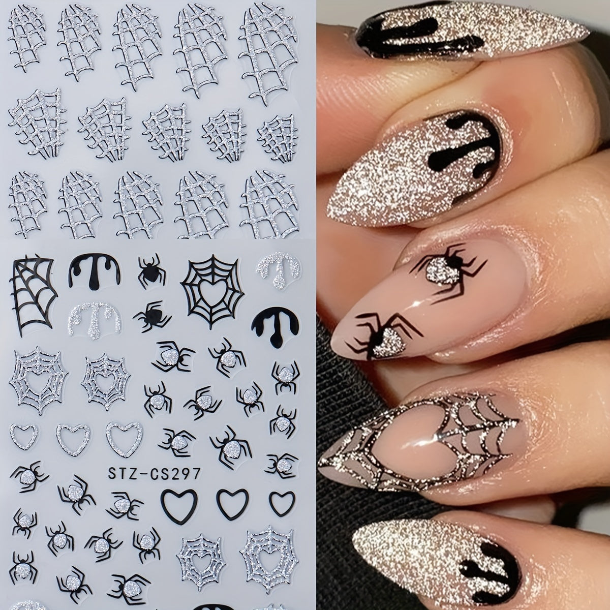 Silver Glitter Spider Web Nail Stickers - Halloween Y2K Manicure Decor