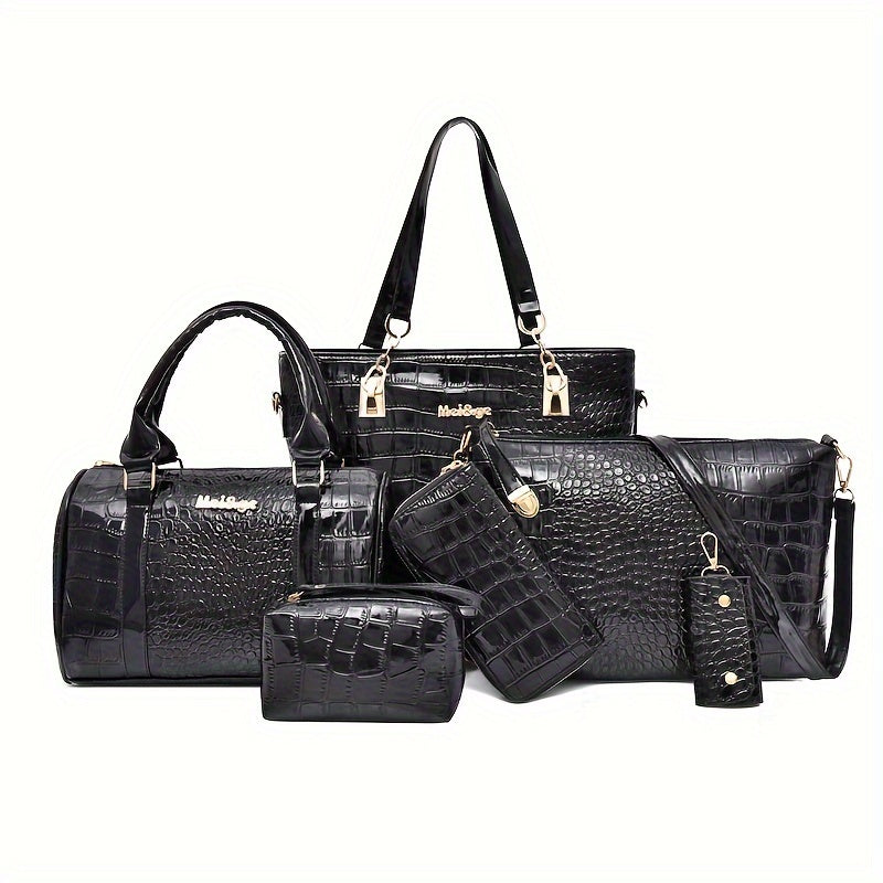 6 Pc Crocodile Pattern Bag Set Women's Shoulder Tote Handbag Crossbody Clutch Wa