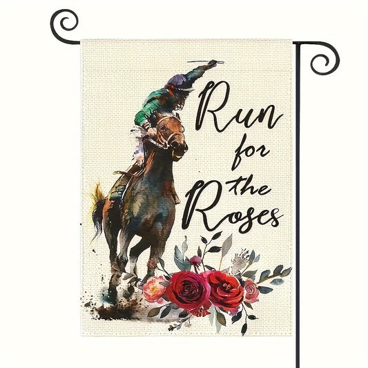 Run For The Roses Horse Race Garden Flag - Burlap Yard Decoration