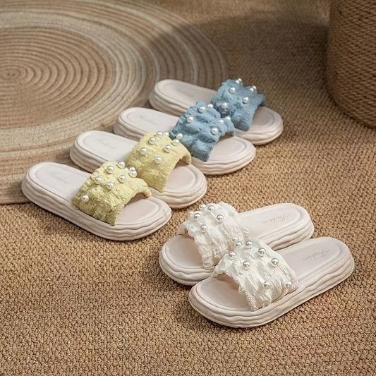 Ruched Faux Pearl Slippers Platform Comfy Indoor & Outdoor Slides