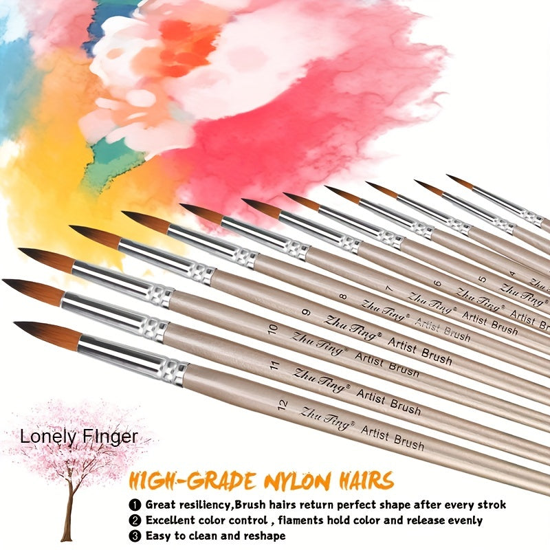 12pcs Professional Paint Brushes Set Round Pointed Tip Nylon Hair