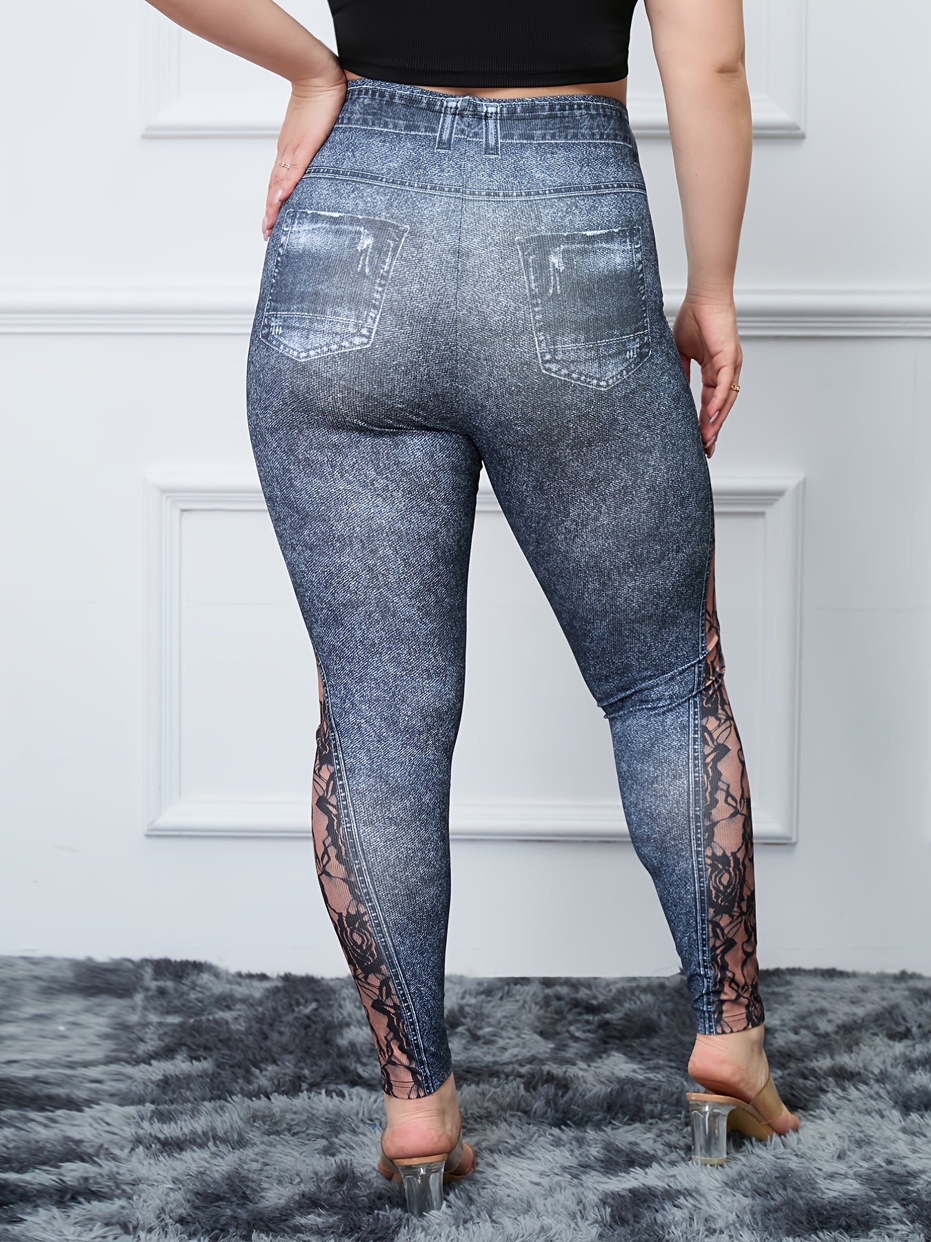  Lace Flower & Denim Print High Rise Skinny Leggings Women's Plus