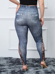  Lace Flower & Denim Print High Rise Skinny Leggings Women's Plus