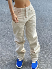 High Waist Straight Jeans Loose Fit Slash Pockets