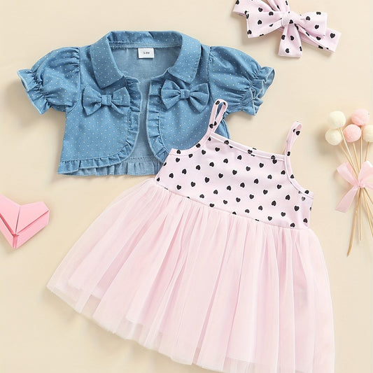 3pcs Baby Girls Denim Top & Cami Dress Set with Headband