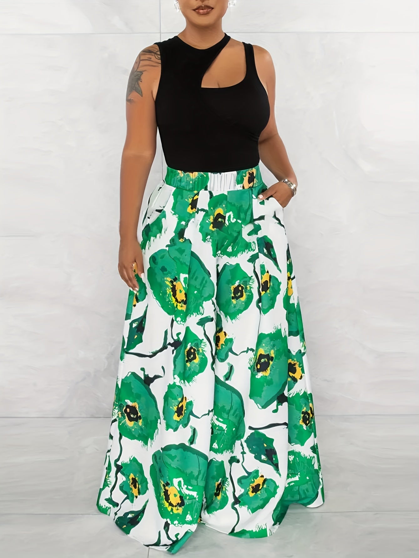 Floral Print High Rise Wide Leg Pants With Pockets