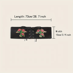 Vintage Flower Embroidery Wide Belt Lace Up Elastic Waistband