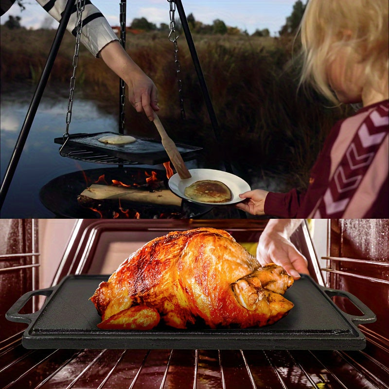 1pc Cast Iron Reversible Grill Pan For BBQ