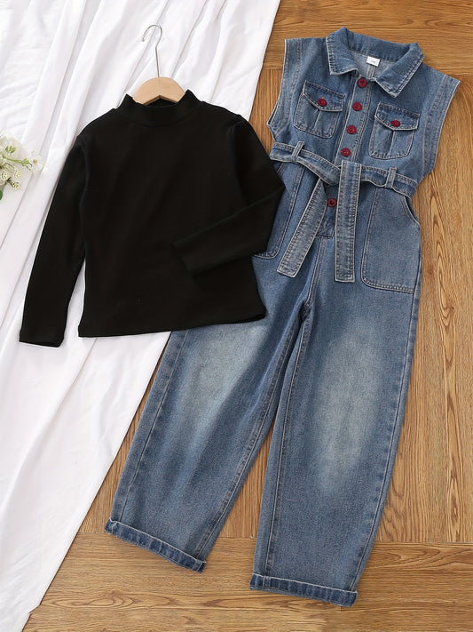 Girl's Denim Jumpsuit & Top Set Button Front Overalls With Belt