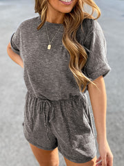 Casual Drawstring Waist Romper Jumpsuit Short Sleeve Women's Clothing