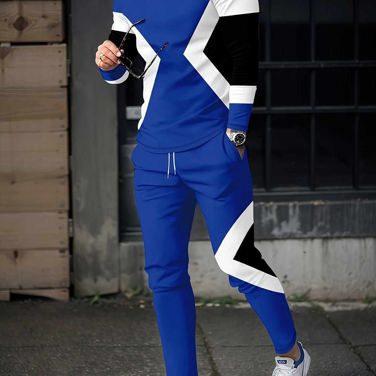 Men's Block Print 2-Piece Outfit: Sweatshirt & Sports Trousers