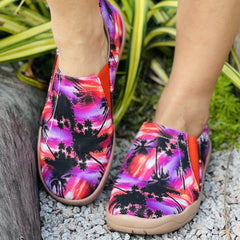 Women's Tie Dye Coconut Tree Slip On Canvas Shoes Lightweight Round Toe Flat