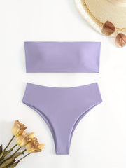 Solid Bandeau Tie Back Bikini Sets High Cut Two Pieces Swimsuit Women's Swimwear