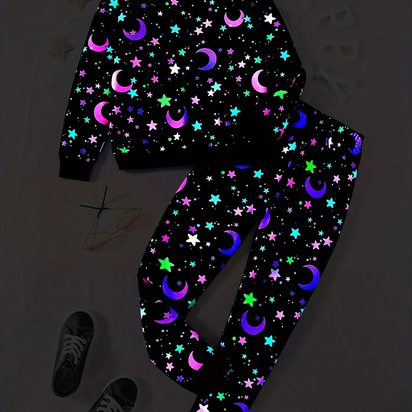 Star & Moon Reflective Girl's 2pcs Sweatshirt & Sweatpants Set