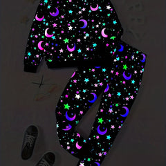 Star & Moon Reflective Girl's 2pcs Sweatshirt & Sweatpants Set