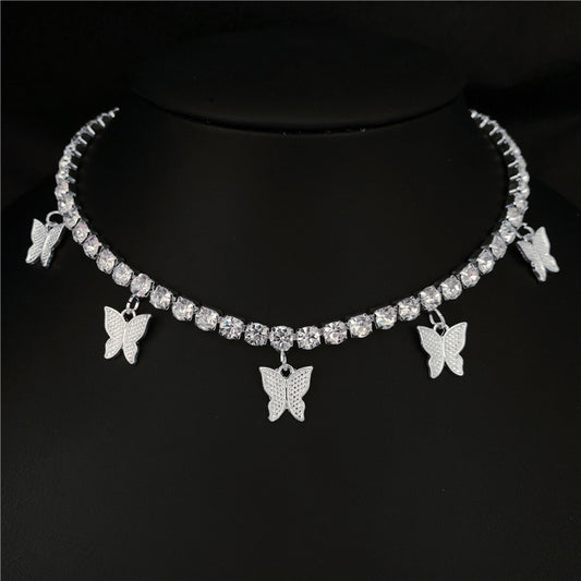 Double Row Butterfly Rhinestone Necklace