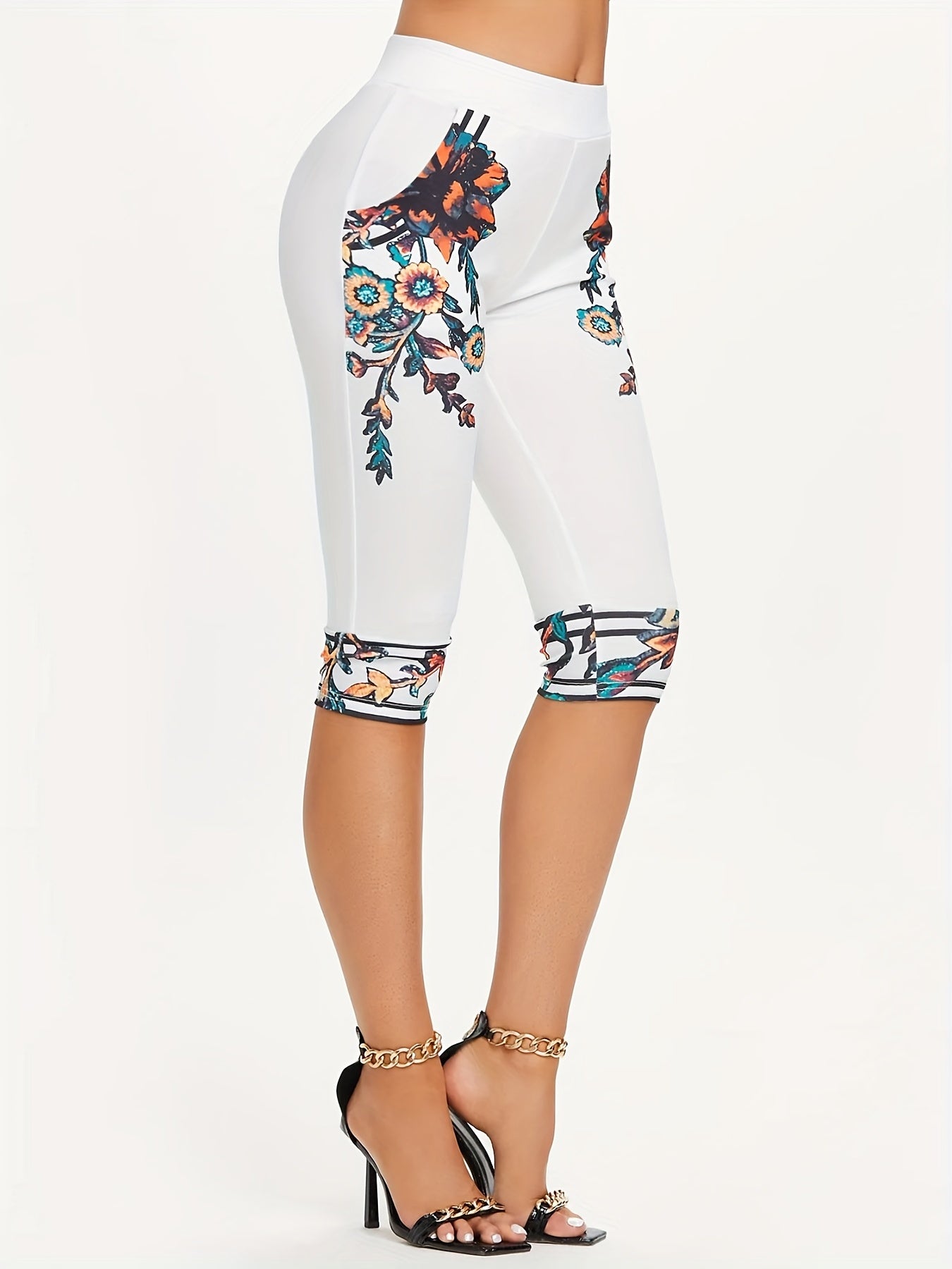 Floral Print Skinny Capris Leggings for Spring & Summer