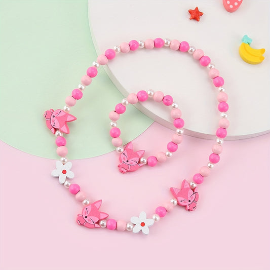 Pink Wood Fox Flower Beads Jewelry Set