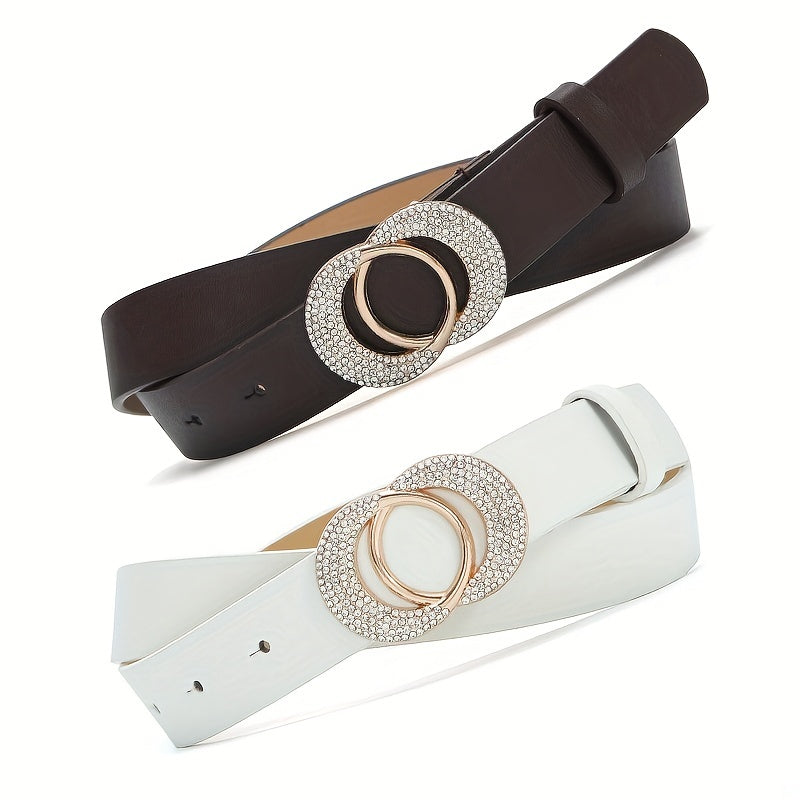 Artificial Diamond Double Round Buckle Leather Belt