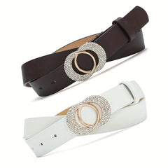 Artificial Diamond Double Round Buckle Leather Belt