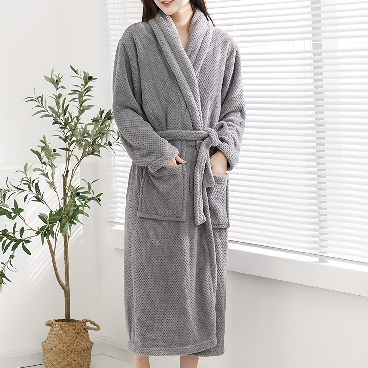 Women's Thick Long Sleeve Bathrobe Soft Absorbent Wrap Towel Long Robe