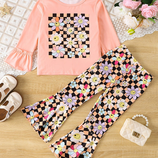 Toddler Girl's Floral Outfit 2pcs Trumpet Sleeve Top & Checkerboard Flared Pants