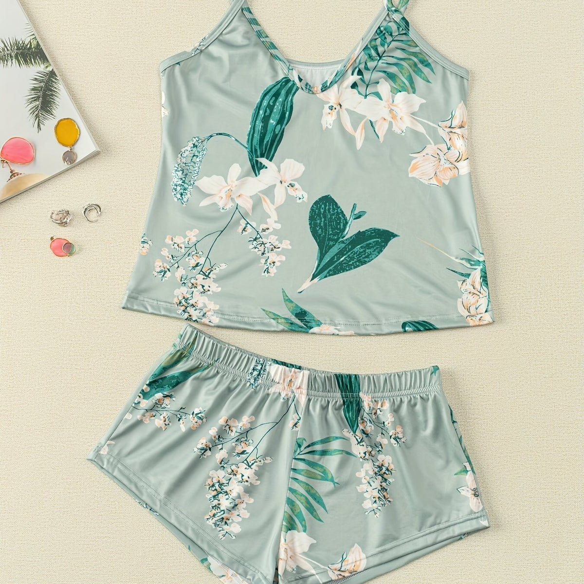 Floral Print Pajama Set V Neck Cami Top & Shorts