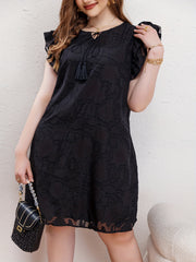  Lace Ruffle Sleeve Round Neck Tassel Tie Dress