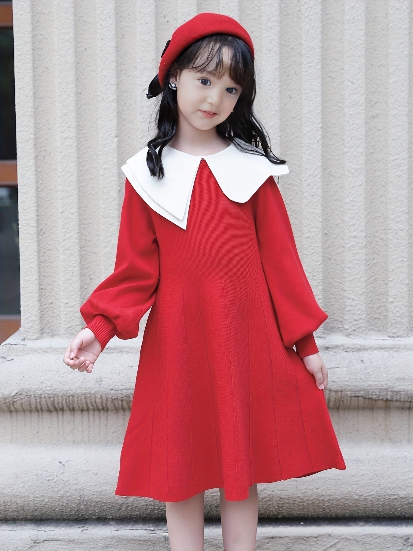 Girls Comfy Cotton Dress Lantern Sleeve Collar Dress Spring Fall Winter