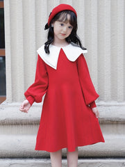 Girls Comfy Cotton Dress Lantern Sleeve Collar Dress Spring Fall Winter