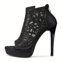 Crystal Decor Stiletto Platform Peep Toe Party Shoes