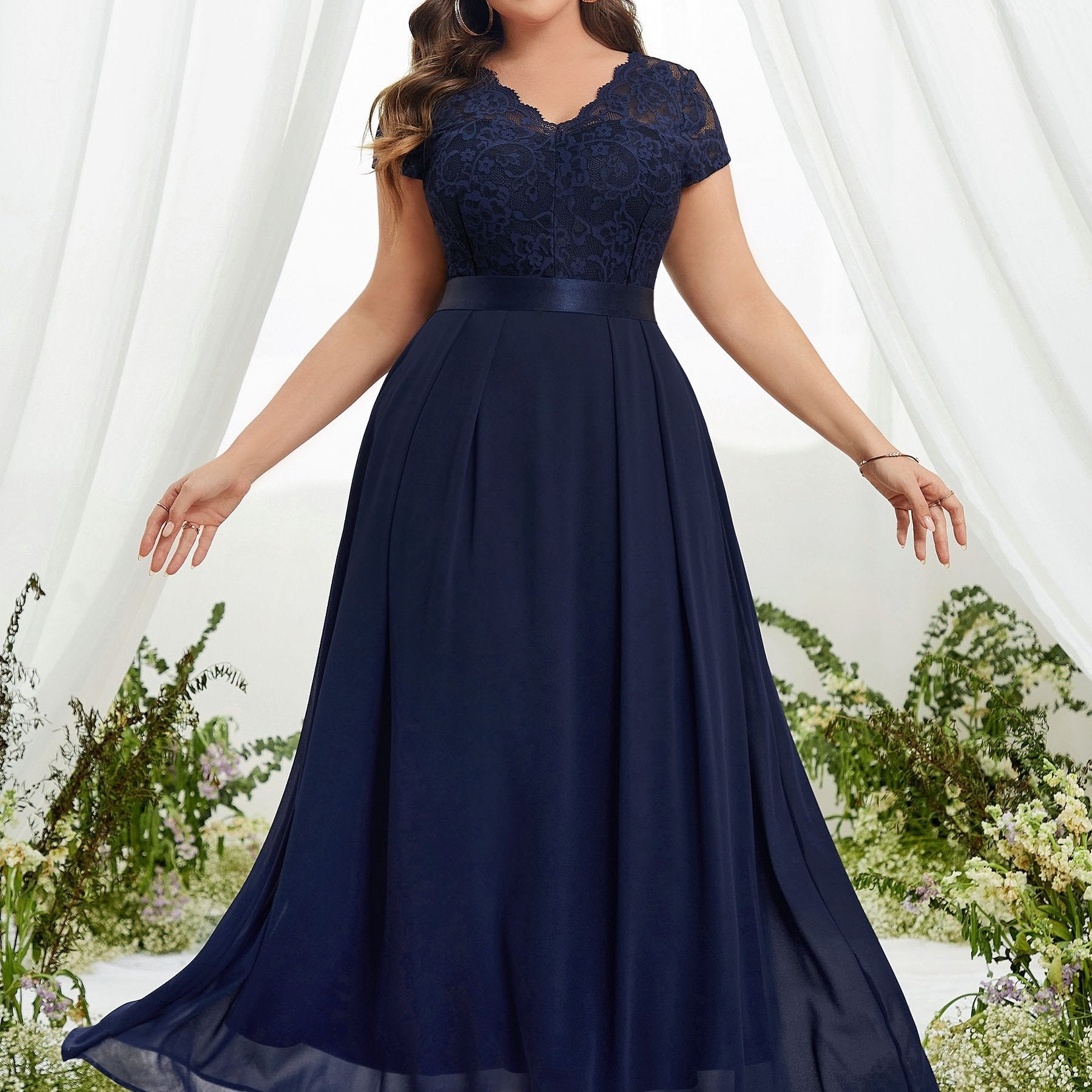  Bridesmaid Dress Solid Lace Short Sleeve V Neck Maxi Formal Dress