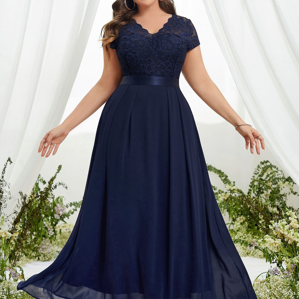  Bridesmaid Dress Solid Lace Short Sleeve V Neck Maxi Formal Dress