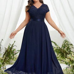  Bridesmaid Dress Solid Lace Short Sleeve V Neck Maxi Formal Dress