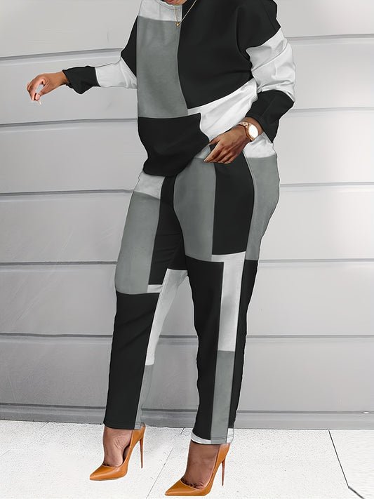  Colorblock Long Sleeve Tops & Pants Set Women's Plus Casual 2pcs Set