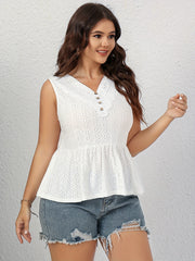  Casual Tank Top Women's Plus Plain Eyelet Embroidered Button Decor
